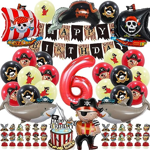 SWOKKTS Piraten Geburtstagsdeko 6 Jahre, Deko Kindergeburtstag Luftballon Set, Mädchen Junge 6 Geburtstag, Happy Birthday Banner mit Tortendeko (Piraten 6. Geburtstag)