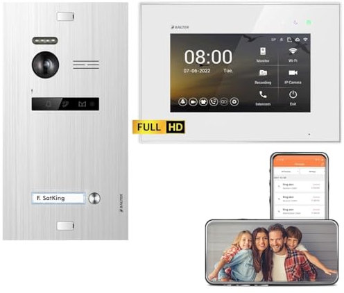 Balter EVO HD Silber/Weiß WiFi Video Türsprechanlage Set für 1 Familienhaus (1x Türstation mit Full HD-Kamera, 1x Touchscreen 7 Zoll Monitor, Smartphone APP, 2-Draht, 175° Weitwinkel)