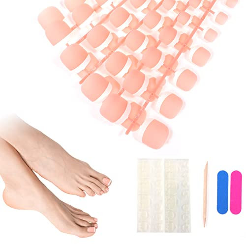 JSRQT 120 Pièces French Faux Ongles Pieds, 12 Taille Mat Faux Ongles D'orteil Ongles en Acrylique à Couverture Complète, Bouts D'ongles Artificiels avec Lime à Ongles pour Manucure des Ongles
