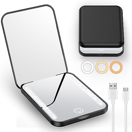 Gospire Mini LED Taschenspiegel mit 1X/3X Vergrößerung, USB Wiederaufladbarer Reisespiegel mit Licht, 3 Farben & Dimmable, Klein Schminkspiegel Klappbar Taschenspiegel für Frauen, Schwarz