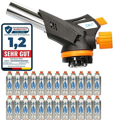 Z.M.C Bruciatore a gas 1,3 kW + 24 cartucce a gas da 227 g, bruciatore flamber, temperatura fino a 1300 °C, bruciatore Bunsen con accensione piezoelettrica, bruciatore da cucina con fiamma regolabile,