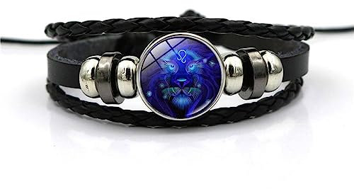 EsUkar Lederarmband,Reise-Erinnerungsschmuck Zeitstein-Armband Sternzeichen Löwe-Geburtsstein-Armband Sternzeichen Leuchtendes Lederarmband Charm-Chakra-Schmuck Für Reisen Geschenke