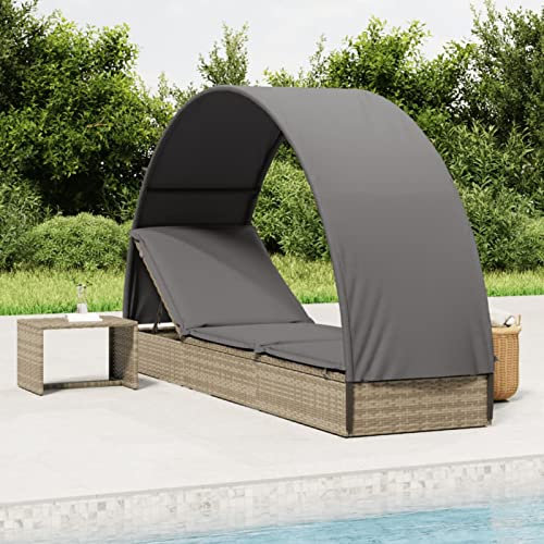 Homgoday Sonnenliege mit Sonnendach, rund, Polyrattan, Grau, 211 x 57 x 140 cm, Strandstuhl, Liegestuhl, Liegestuhl, Pool, Camping, Sonnenliege, Garten, Hof, Balkon