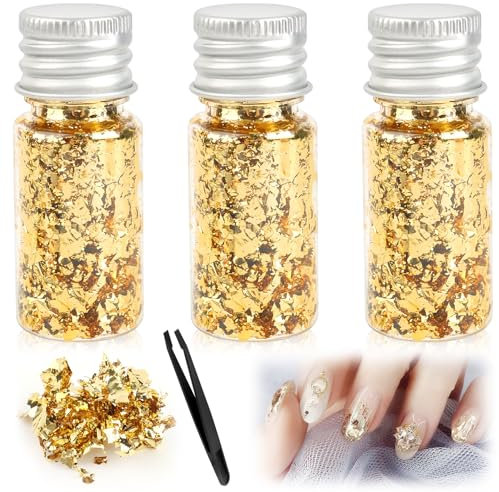 VFANDV Feuille d'or, 3 Bouteilles de Feuilles d'or Décoratifs avec Pince à épiler Feuille d'or Artisanale Feuille Décorative pour la Peinture Art de la Résine Statue Dorée Art des Ongles