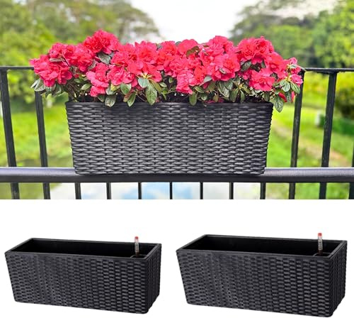 LaLaGreen - Macetas de barandilla para balcón y jardín (paquete de 2 unidades, 20 pulgadas), cajas de flores negras para balcón sobre el riel con soportes, macetas colgantes rectangulares para
