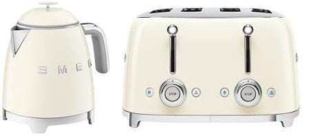 Smeg 50’s Style Retro Range Breakfast Set, 0.8L 1400W Mini Kettle and Multi-Functional Control 4-Slice 2000W Toaster, Cream, KLF05CRUK/ TSF03CRUK