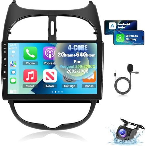 Android Car Stereo 2+64G para Peugeot 206/206CC 2002-2008 con Carplay y Android Auto - WiFi GPS EQ 28 Temas de Escritorio RDS FM + Cámara de Seguridad y micrófono