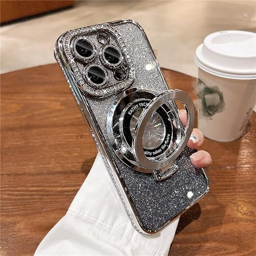 Glitter Rhinestones Magnetic for iPhone Case with Invisible Stand, Cushion Anti Drop Cell Phone Case for iPhone 15 14 13 12 11 Pro Max (15promax,Silver Glitter)