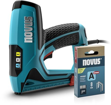 NOVUS TOOLS Juego de grapadora eléctrica J-150 con 1800 grapas, grapadora profesional y pistola de clavos con regulación de la fuerza de impacto, tope de distancia y mecanismo de carga inferior, para