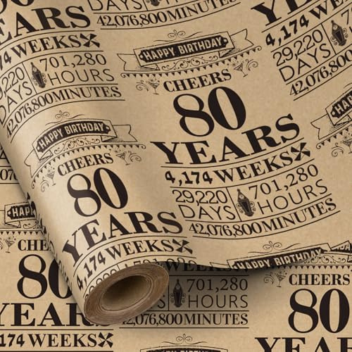 RUSPEPA Geburtstags-Geschenkpapierrolle, Mini-Rolle, schwarzes Kraft-Geschenkpapier mit 80-Jahre-Design, ideal für Geburtstage, Partys, Feiertage, 43,2cm x 5m, Geschenke zum 80. Geburtstag für Männer