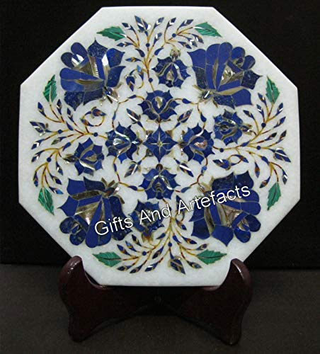 Giftable Plate with Royal Look Lapis Lazuli Stone Inlay Work 8 x 8 Inches Octagon White Marble Tea Pot Cattle Stand