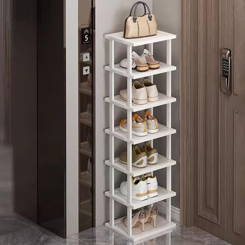 SAN HE Bambus-Schuhregal – vertikales weißes Schuhregal für kleine Räume, 7-stöckig, klassisch, frei stapelbar