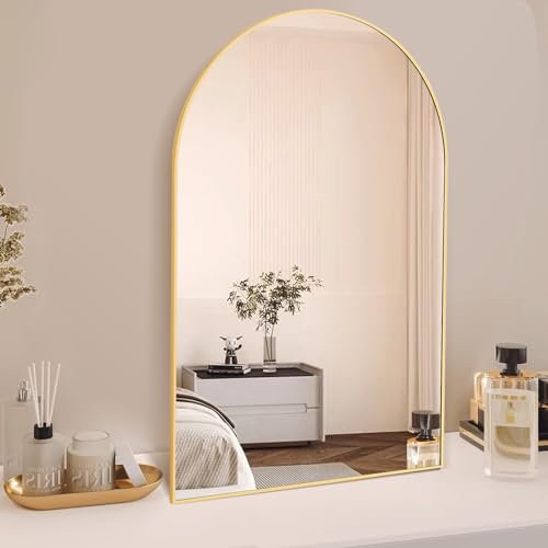 NARCISSUS Gewölbter Wandspiegel 61x91cm, Kosmetikspiegel aus Metall für die Wand, an der Wand montierter Spiegel mit Rahmen aus Aluminiumlegierung für Badezimmer, Wohnzimmer, Eingangsbereich,Gold