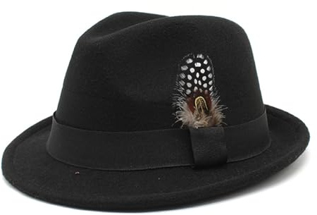 Vielseitiger Jazzhut für Damen, breite Krempe, mit Feder, lässiger Bowler-Hut für Herren, Schwarz , M/Einheitsgröße