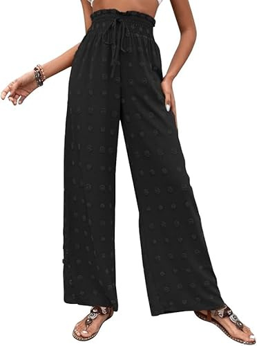 TTPSRY Hosen Damen Sommerhose Palazzo Weite Bein Hose Leicht Luftig Marlenehose mit Gummibund Culotte Capri Plissee Strand Hose Leinen Optik Elegant Freizeithose