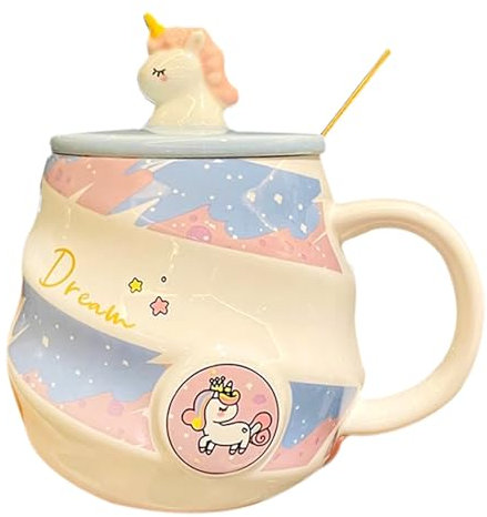 HHQLJY Mugs et Tasses à café Söt Unicorn Keramisk Mugg, Kaffekopp Med Lock Och Sked, Kontors Kaffekopp Drickskopp, Uppvärmningsbar Frukostkopp, Julfödelsedagspresent(Blue)