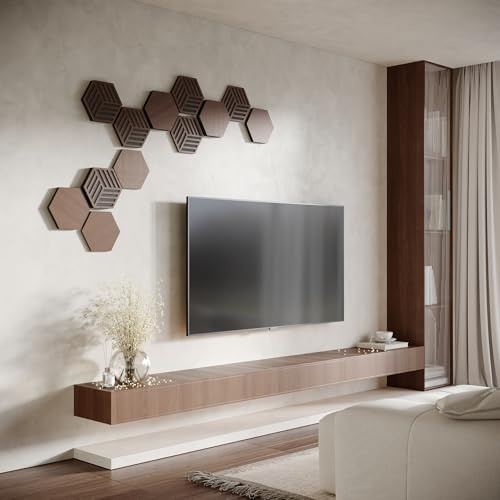 12er-Pack – Akustik-Holz-Wandpaneele (HDF) | 3D-Mosaik-Wandpuzzle | Dekorative Paneele für Heimkino, TV-Wand, Podcast-Räume | DIY-Wanddekoration | Farbe: [HEXAGON | Nussbaum]