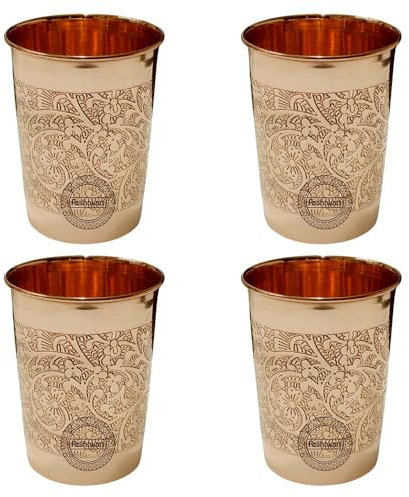 Fashnkart Bicchieri in rame puro Set di 4 bicchieri per acqua potabile Ayurveda Health Pure Tumblers Tazze in rame 10,14 Oz 300 Ml (in rilievo)