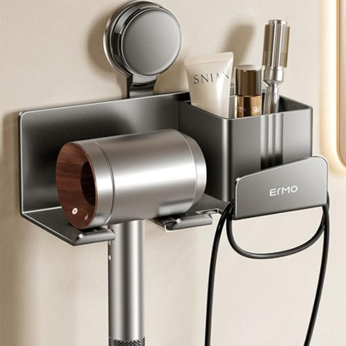 Trlyane Support Seche Cheveux Ventouse, Porte Seche Cheveux Mural pour Hôtel de Chambre à Rangement Salle de Bain, Porte Seche Cheveux sans Percage avec Range-Câbles, Gris