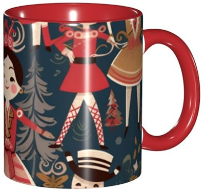 Women's Nutcracker Ballet Xmas Dance cartoon Printed 11OZ Ceramic Coffee Mug with Elegant Gift Box, Perfect for Everyday Use and Special Occasions, Red