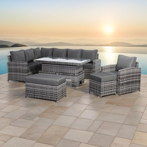 Club Rattan High Back Elite Corner Sofa Set with Rising Table and Arm Chair, 10-seater Large Rattan Garden Corner Sofa Set (Grey, Left hand corner)