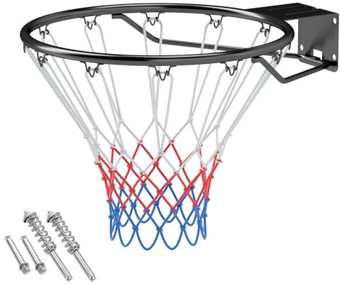 LIFEZEAL Canasta de Baloncesto de Pared de Ø45 cm, aro de Baloncesto Macizo con Soporte de Pared y Red, Canasta de Baloncesto de Metal para Interior y Exterior