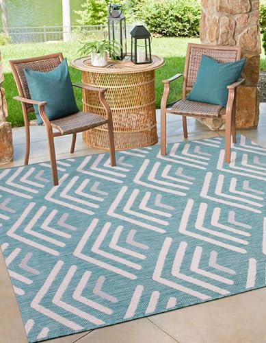 Summer Breeze Outdoor Rugs for Garden, Picnic, Kitchen, Patio, Trellis, Balcony, Porch, Deck Hallway Mats Weather-Resistant Indoor & Outdoor Rug Chevron Aqua Blue, 150 x 200 cm (4'11x6'7)
