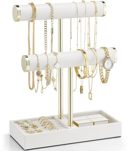 VLANDO 2 Tier Bracelet Holder with Tray - Mothers Day Mom Gifts Leather Jewelry Stand Organizer for Women - Necklace Holder Display for Necklace, Watches, Rings, Earrings, Bangle, Scrunchie - White