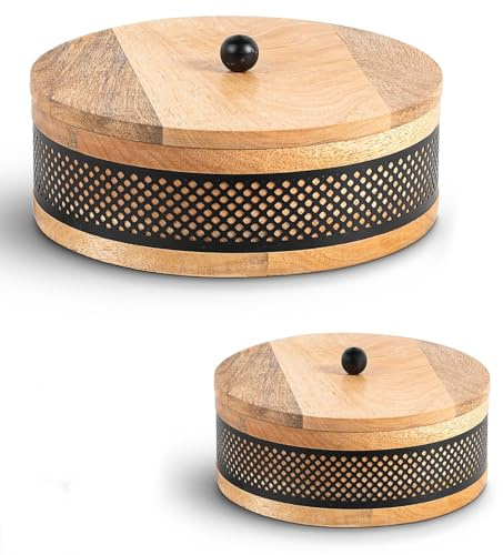 DRW Set mit 2 runden Schachteln aus Holz und Metall, Natur und Schwarz, 20 x 20 x 8 cm und 15 x 15 x 8 cm