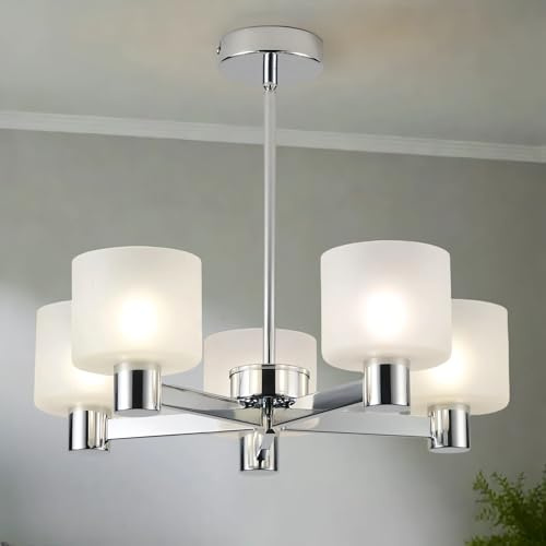 HARPER LIVING Modern 5 Lights Chandeliers Ceiling Light, Chrome Semi Flush Ceiling Lamp with Sanded Glass Shades, 5xG9 Ceiling Lighting for Living Room Bedroom Dining Room Hallway