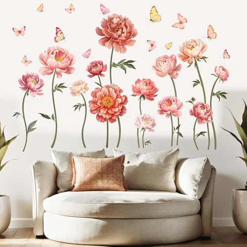 Flower Wall Stickers for Girls Room: Peel and Stick Pink Wildflower Peony Rose Floral Wall Decals - Baby Nursery Girl Bedroom Living Room Home Art Wall Decor