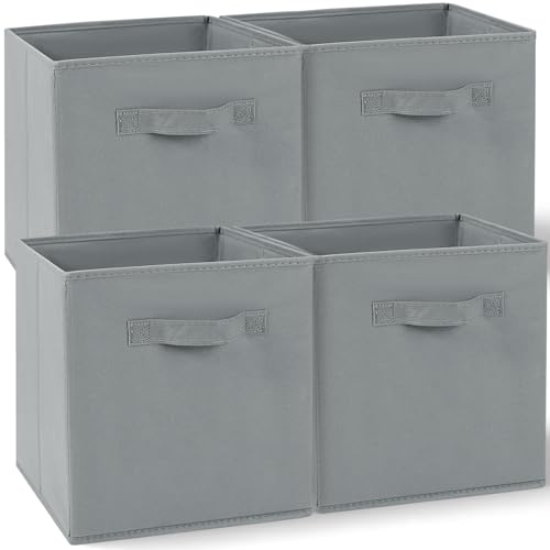 Amazing Tour Cube Storage Boxes, Foldable with Handles, 4 Pack | 27x27x27cm, Gray Fabric, Collapsible for Home Office Nursery, Clothes Basket Organizer, Lightweight & Stackable