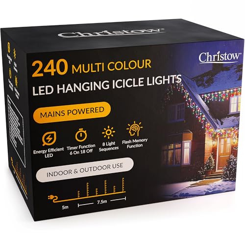 CHRISTOW Hanging Icicle Christmas Lights, Multi-Colour, 240 LEDs | 5mm LEDs, 30/60cm Drops, 8 Modes, Memory, 6-Hour Timer, Mains Powered, 5m Cable, Indoor/Outdoor Use, 7.5m Lit Length