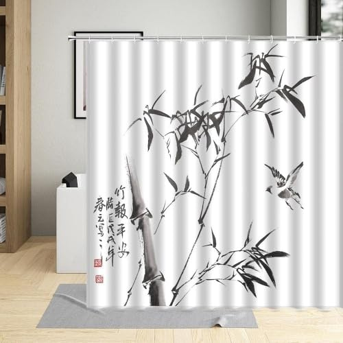 PUOJIEAT Duschvorhang 300x200 Aquarell-Bambus, Duschvorhang Anti-schimmel Chinesisches Motiv 3D Duschvorhänge Waschbar für Badezimmer Badewannen mit 12 Ringe 8514-FG