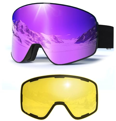 Skibrille für Herren Damen,YH212 Magnetische Snowboardbrille Anti-Beschlag OTG UV-Schutz Skibrille Schneebrille für Skifahren Wintersport (Schwarzer Rahmen–Vollrevo Lila VLT 16%+Gelbe Gläser 78%)