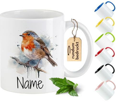 GRAZDesign Tasse Rotkehlchen Vogel Kaffeetasse mit Namen personalisiert Geschenk für Birdspotter Kaffeebecher Vögel Becher - Weiß