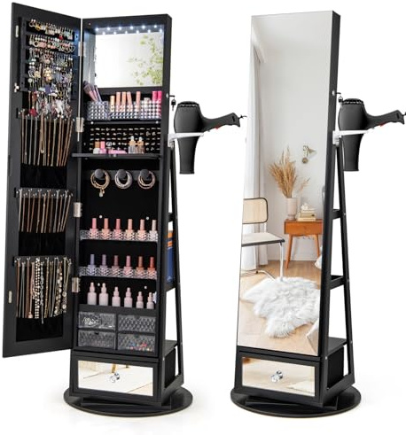 RELAX4LIFE Armoire à Bijoux Pivotante à 360ºavec Miroir Pleine Longueur, Miroir Bijoux sur Pied LED avec Support Sèche-Cheveux, Grand Tiroir, 3 Étagères pour Rangement Bijoux (Noir)