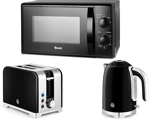 Swan Solace Black 1.7L 3KW Kettle, 2 Slice Toaster and SM4420BLK Microwave. Contemporary Design Kettle, Toaster & Microwave Kitchen Set with a Premium Black Finish