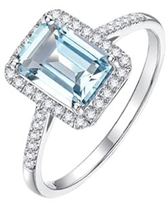 Wycian Ring mit Gravur Aquamarin Ring 9K Weißgold mit 1,3 CT Rechteckigem Aquamarin und 0,18 CT Diamant Größe 49 (15.6) Massiv, Nicht Plattiert Aktualisierung 3.0 für Gattin Muttertag Schmuck