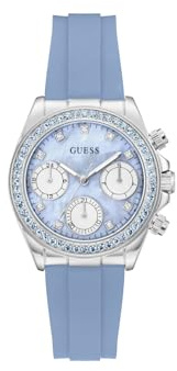 Guess Victoria, Damen Armbanduhr, Quarz Analog, Edelstahl, 36mm, Silikonarmband, Blau, 3 bar, Zifferblattfarbe: Blau, Datumsanzeige, GW1038L1