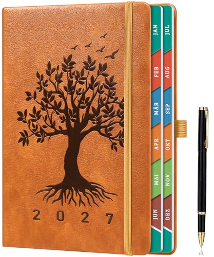 Terminplaner 2027 A5, 1 Tag pro Seite, Tageskalender Jan–Dez 2027, Deutscher Tagesplaner mit farbigen Monatsregistern, Innentasche, Stiftschlaufe & Stift - Braun