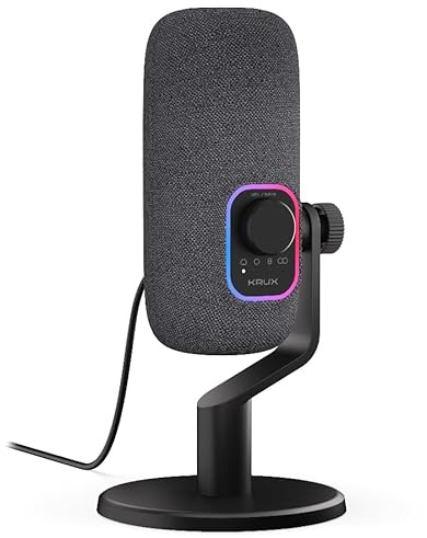 KRUX Empy, USB-Mikrofon, Kondensatormikrofon mit 4 Richtcharakteristiken (Niere, Kugel, Acht, Stereo), 24-Bit/96kHz, RGB-Beleuchtung, Touch-Mute, Gain-Regler, Stoff-Design, Schwarz