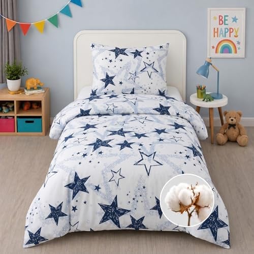 Buymax Kinderbettwäsche 135x200 cm – Sterne Dunkelblau, 100% Baumwolle Renforcé, 1x Bettbezug 135x200 cm & 1x Kissenbezug 80x80 cm, Oeko-TEX Standard 100, weich & atmungsaktiv, mit Reißverschluss