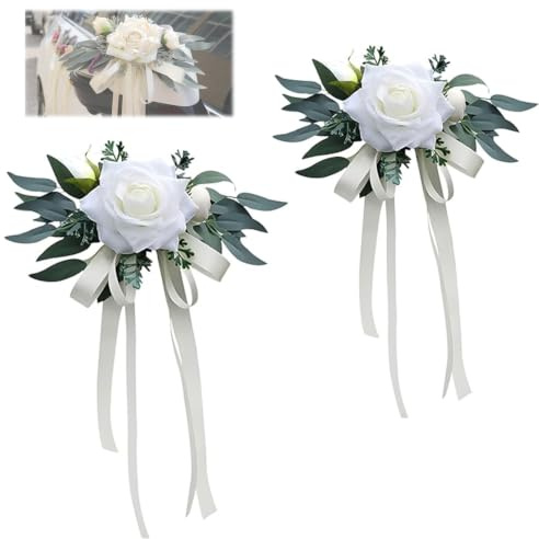 Hochzeit Autoschmuck, 2 Stück vintage Hochzeitsautoschleifen mit künstlichen Blumen und Saugnäpfen – Auto Deko für Rückspiegel, Hochzeitsdeko in Weiß