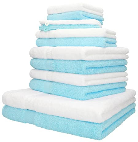 Betz Lot de 12 pièces 100% Coton Palermo 2 draps de Bain 4 Serviettes de Toilette 2 d'invités 2 lavettes 2 Gants de Toilette Couleur Turquoise et Blanc