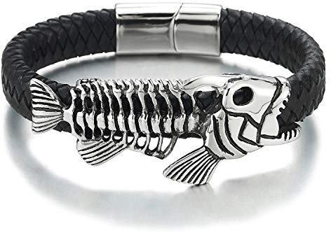 COOLSTEELANDBEYOND Rock Punk Herren Damen Edelstahl Vintage Fisch Skelett Armband Schwarz Geflochtene Lederarmband Schweißband