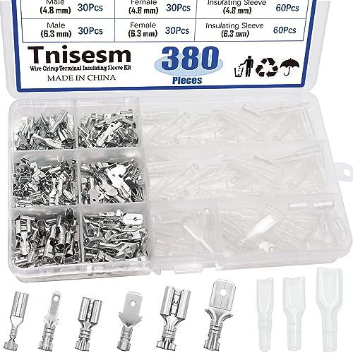 Tnisesm/375Pcs Quick Splice 2.8/4.8/6.3mm Male and Female Wire Spade Connector Wire Crimp Terminal Block with Insulating Sleeve Assortment Kit for Car Audio Speaker Electrical Wiring TN-T02
