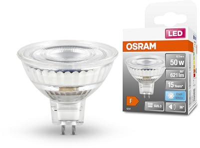OSRAM MR16 LED Reflektorlampe mit GU5.3 Sockel, Kaltweiss (4000K), Glas Spot, 6,5W, Ersatz für 50W-Reflektorlampe, LED STAR MR16 12 V