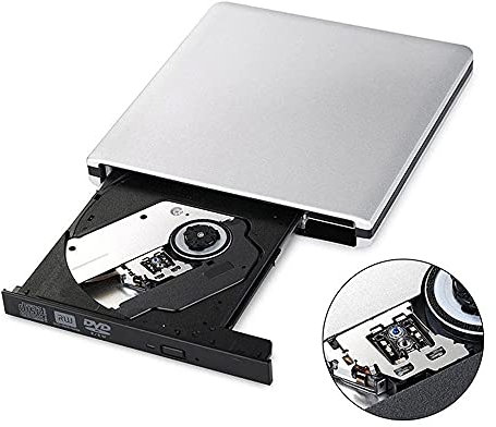 KAISAN External CD DVD Drive, USB 3.0 Slim Portable CD VCD DVD Player Burner Writer Reader Disk Drive for Laptop MacBook Mac Windows 10 8 7 XP Vista PC Desktop, Aluminum Silver