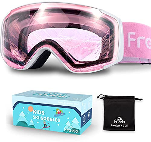 Freela Skibrille für Snowboard, Schnee, Skifahren, Snowboarden, Winter, Schnee, Sport, Schutzbrille, Anti-Beschlag, UV-Schutz, spiegelnde klare Brille für Kleinkinder, Kinder, Mädchen, Jungen,
